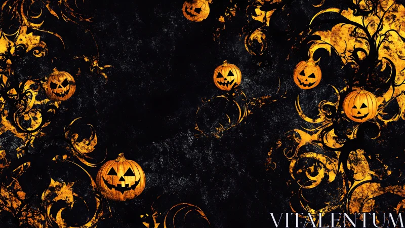 Jack-o-lantern glow swirling through gothic midnight vines.