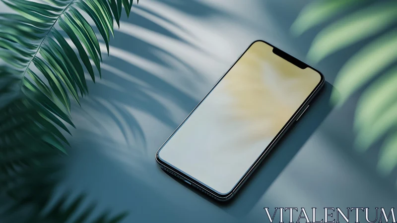 Modern smartphone on table with tropical leaf shadows, minimal style.