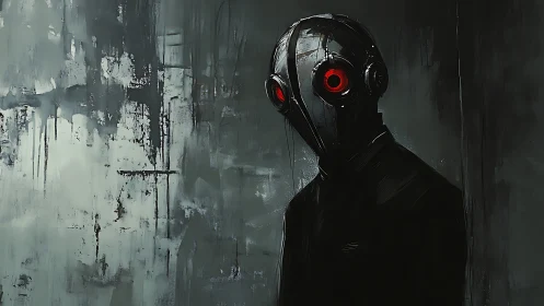 Red‑eyed android watches from a dark, industrial void