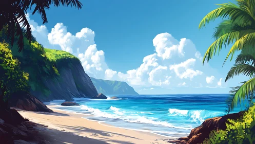 Digital rendering of tropical beach landscape with coastal cliffs