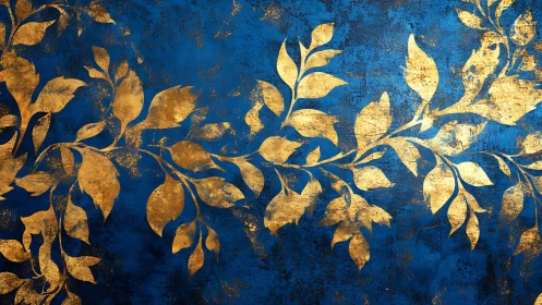 Gold leaf vine pattern overlays textured cobalt blue background