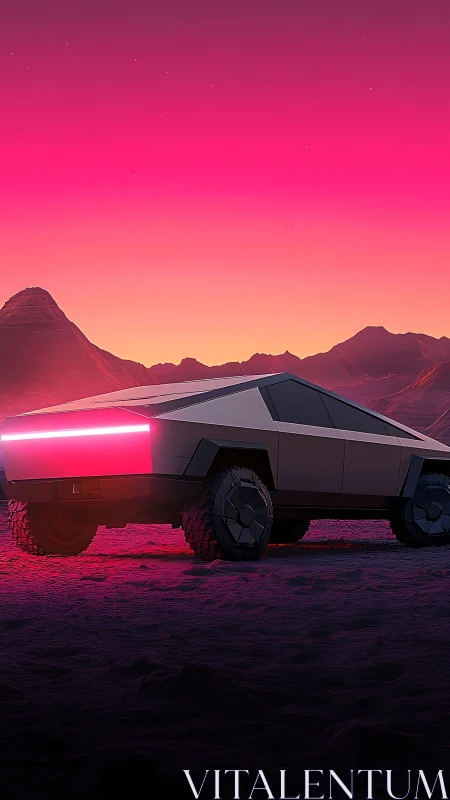 Futuristic desert truck glowing under a neon pink sunset.