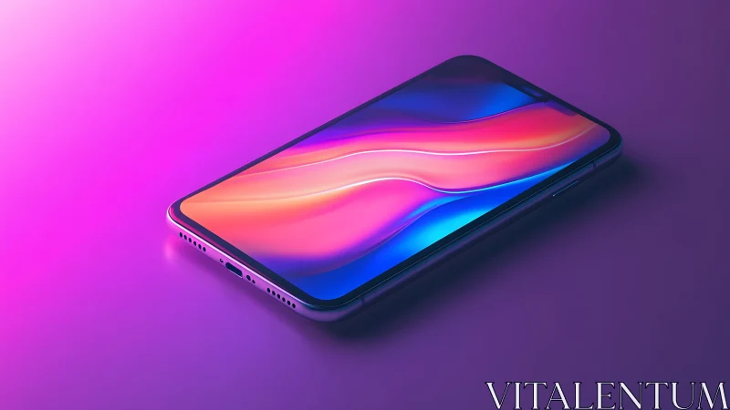 Modern smartphone with colorful abstract screen in neon lighting.