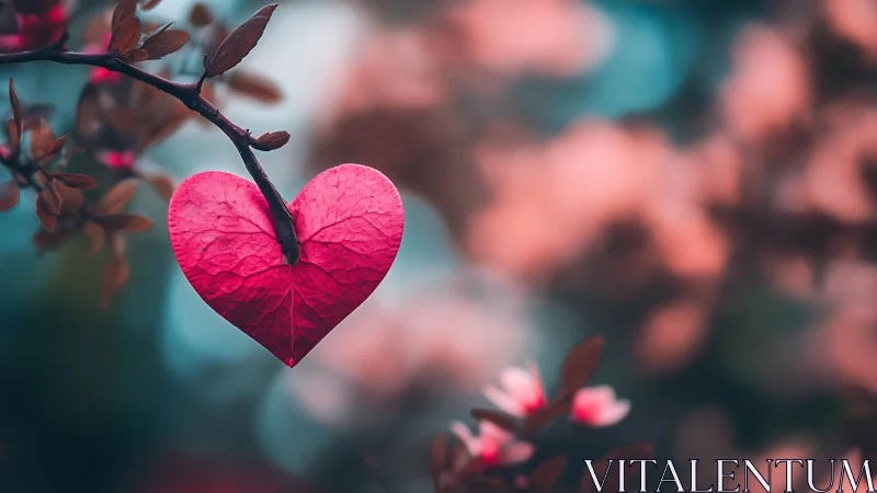 Crimson Heart Leaf Dangles Against Misty Teal Dreams