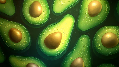 Hyperreal digital pattern of glistening halved avocados