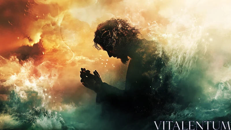 Silhouetted praying figure amid turbulent luminous nebulae.