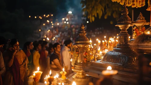 Night temple ritual with crowd, oil lamps and metal shrines.