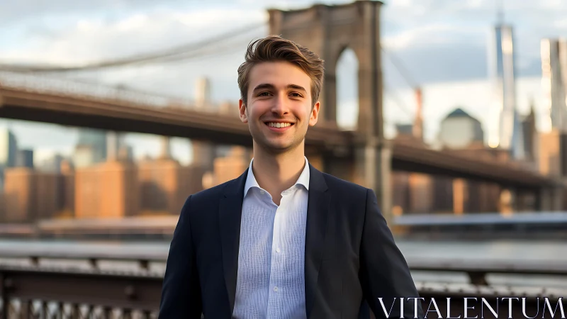 Confident young professional smiles before city bridge skyline.