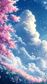 Cherry blossom hillside under cumulus cloud sky, vertical view.