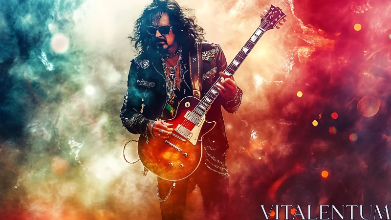 Electric guitar hero glowing in swirling concert lights.