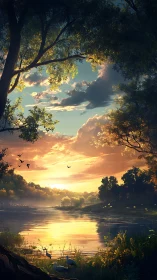 Golden river sunrise beneath arching forest canopy glow.