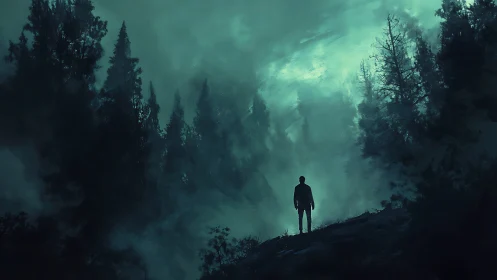 Solitary figure on ridge in dark misty conifer forest.