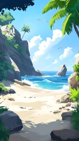 Tropical Beach Cove with Towering Cliffs and Palms.