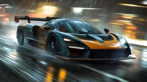 Aerodynamic hypercar slicing wet neon boulevard at velocity.