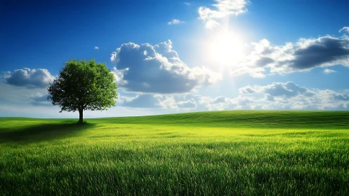 Solitary deciduous tree on sunlit grassy rolling landscape.