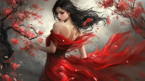 Red-gowned woman in cherry blossoms rendered as digital painting