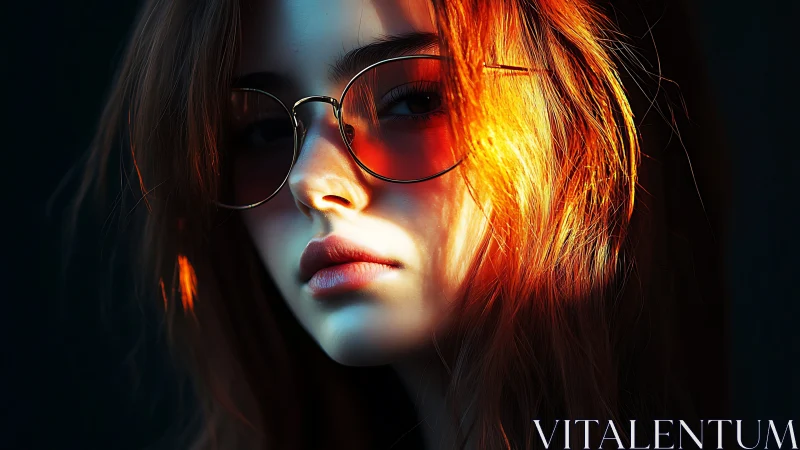 Sunlit daydream girl in glowing amber-tinted glasses.