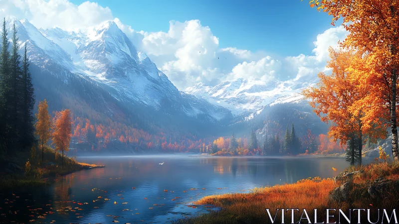 Golden autumn lake beneath towering snowcapped peaks.