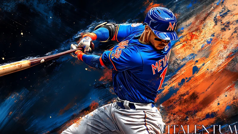 Electric blue baseball slugger in a whirlwind of color.