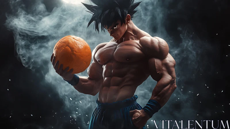 Stormlit anime warrior weighing a molten orange planet.