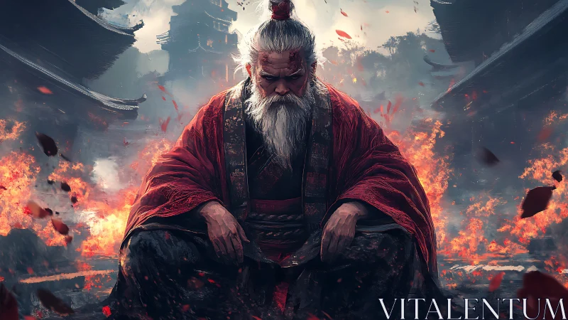 War-weary samurai lord broods amid burning temple ruins.