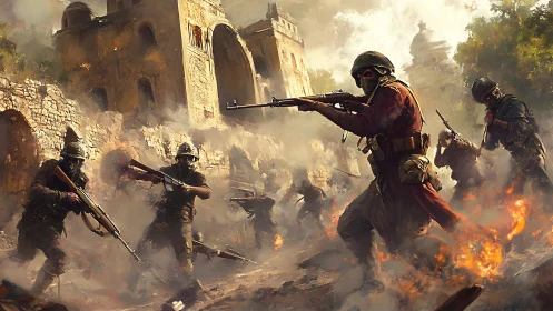 Infantry firefight in ruined city with burning foreground.