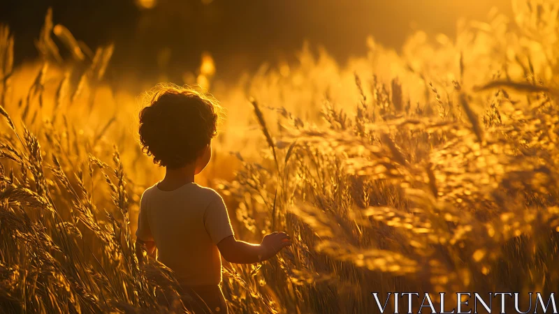 Backlit child walking through golden sunset wheat field.