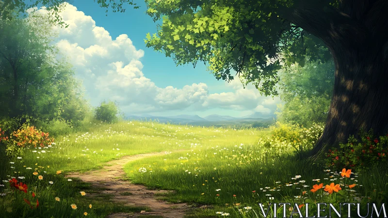 Sunlit grassy meadow path under large tree canopy.