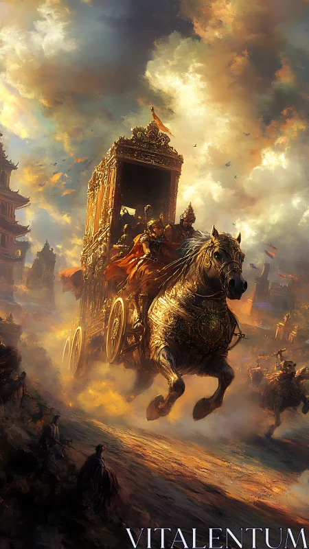 Imperial war chariot charges through gilded storm sky.