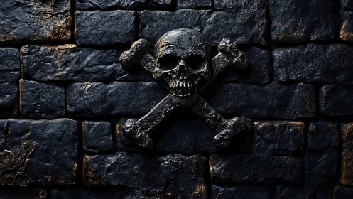 Weathered skull and crossbones grin from a shadowy stone wall