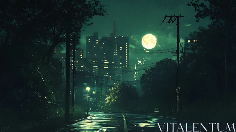 Rain-soaked suburban road under neon moonlit city skyline