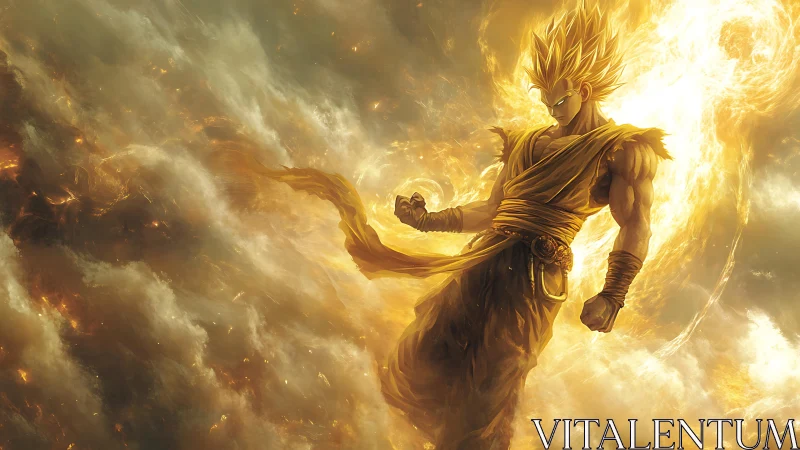 Golden energy warrior ascends through blazing storm clouds.