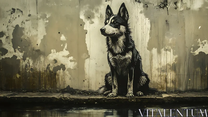 Stray husky sentinel against a weathered urban wall mural.