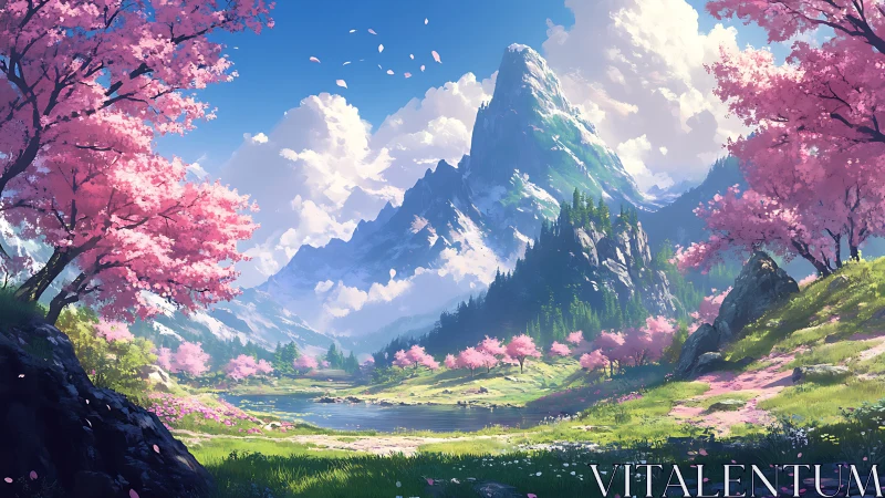 Mountain valley under blooming cherry trees in vivid spring light.