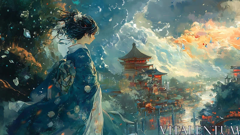 Kimono-clad wanderer surveys luminous riverside temple city.