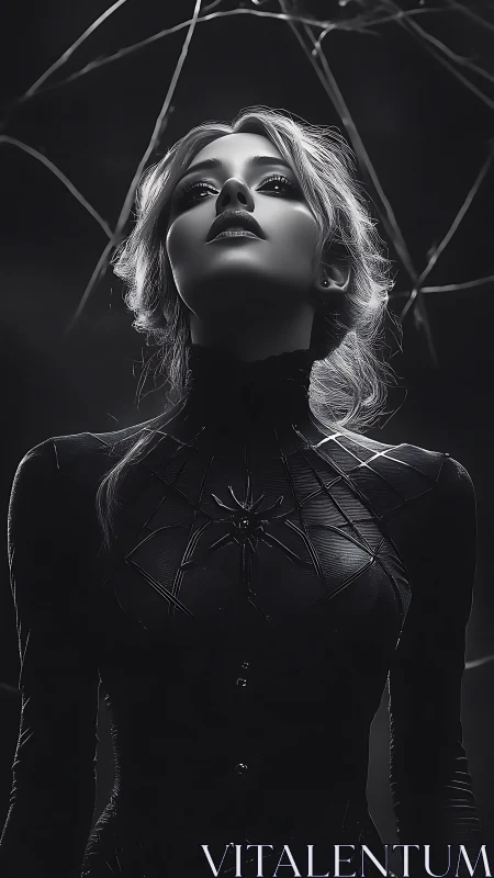 Woman in black spiderweb bodysuit lit from below stands still