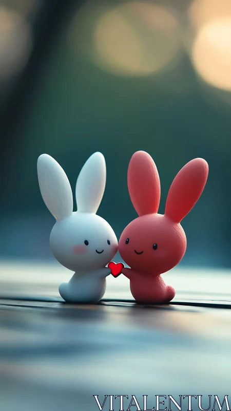 Two stylized rabbit figures holding small heart object.