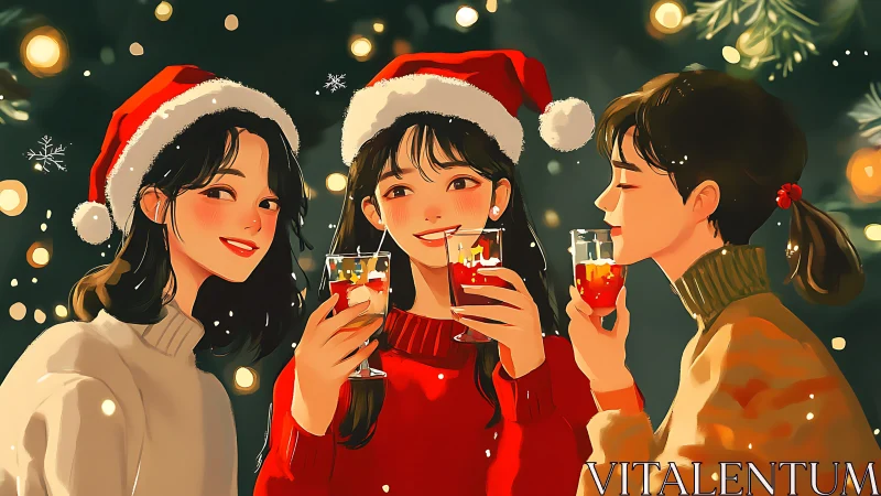 Three friends in Santa hats celebrating Christmas together