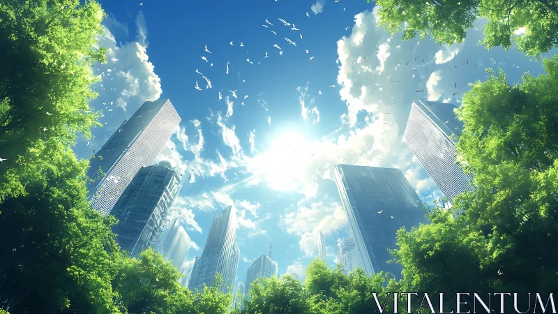 Verdant urban canyon under high-rise glass towers at noon