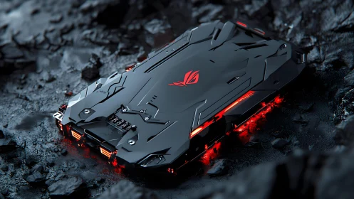 Futuristic ROG-inspired armored vehicle with glowing red accents.