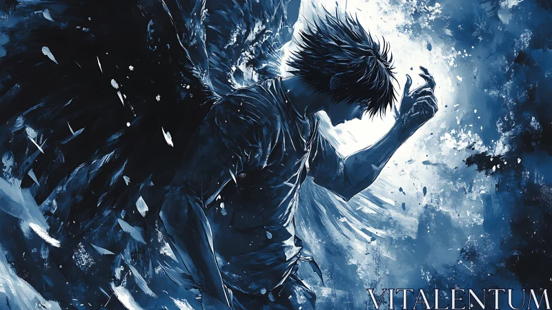 Fallen angel boy emerges from swirling blue light and shadow.