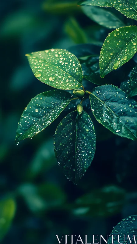 Close-up of wet green leaves with visible water droplets.