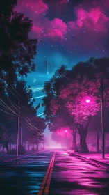 Neon lit midnight street under vivid magenta sky.