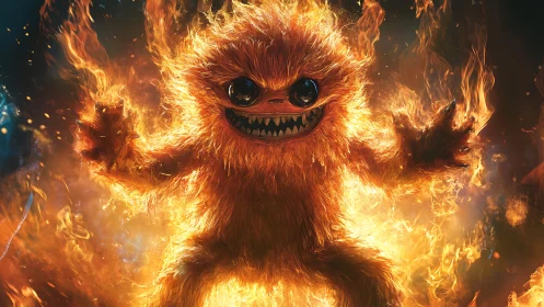 Fiery orange monster character standing in intense flames.