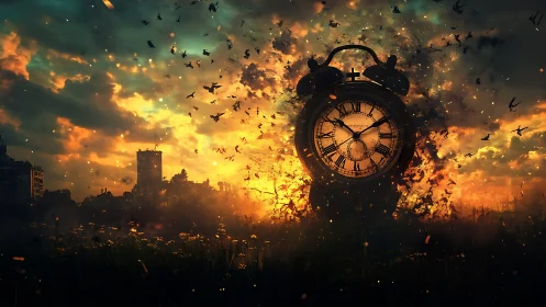 Shimmering sunset sky cradles a towering clock of burning time