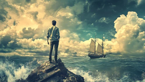 Solitary figure on rocky shore facing distant sailing vessel.