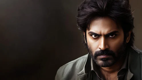 Photorealistic intense male portrait on dark gradient ground.