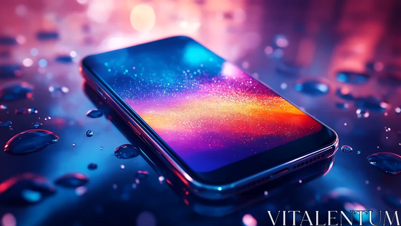 Water resistant smartphone with neon bokeh reflections on glass
