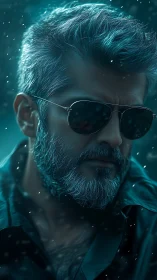 Cool silver-haired rebel in teal glow and drifting snow.