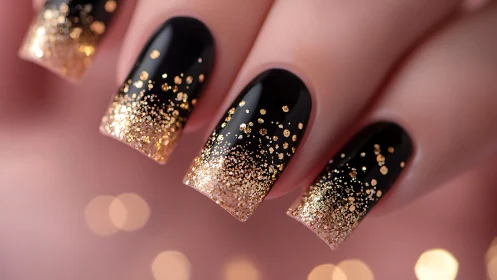 Black stiletto nails with gradient gold glitter accents design.